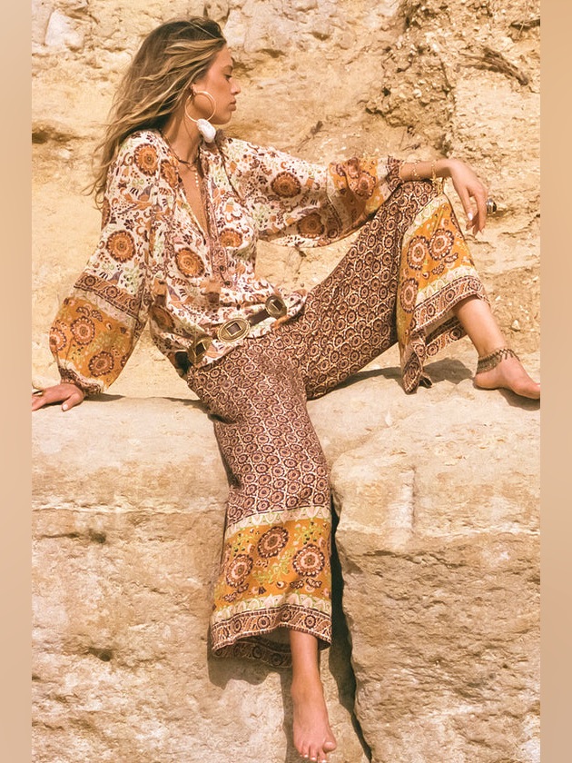 Nwt Spell Sannah Boho Patchwork Wide-Leg Pants In Mustard And Brown